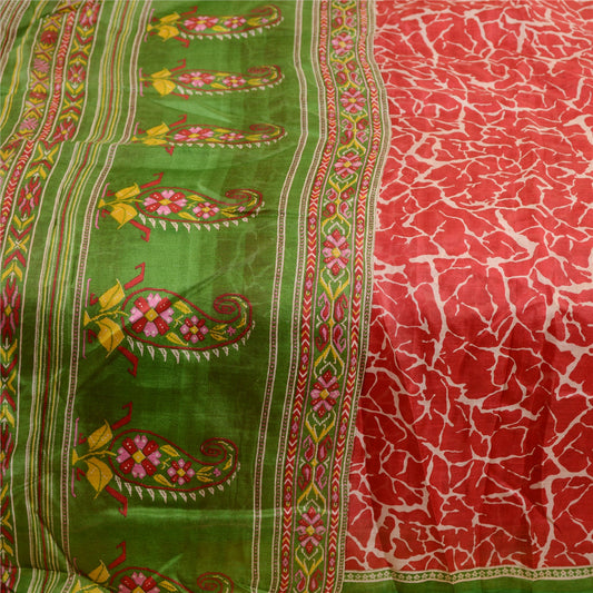 Sanskriti Vintage Sarees Red Indian 100% Pure Silk Printed Sari 5YD Craft Sustainable Fabric