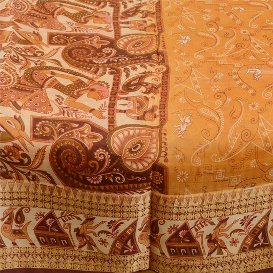 Sanskriti Vintage Sarees Saffron Pure Silk Human Printed Sari Decor Craft Sustainable Fabric