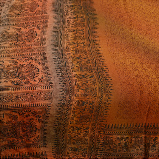 Sanskriti Vintage Sarees Saffron Baluchari Printed Pure Silk Sari Craft Sustainable Fabric