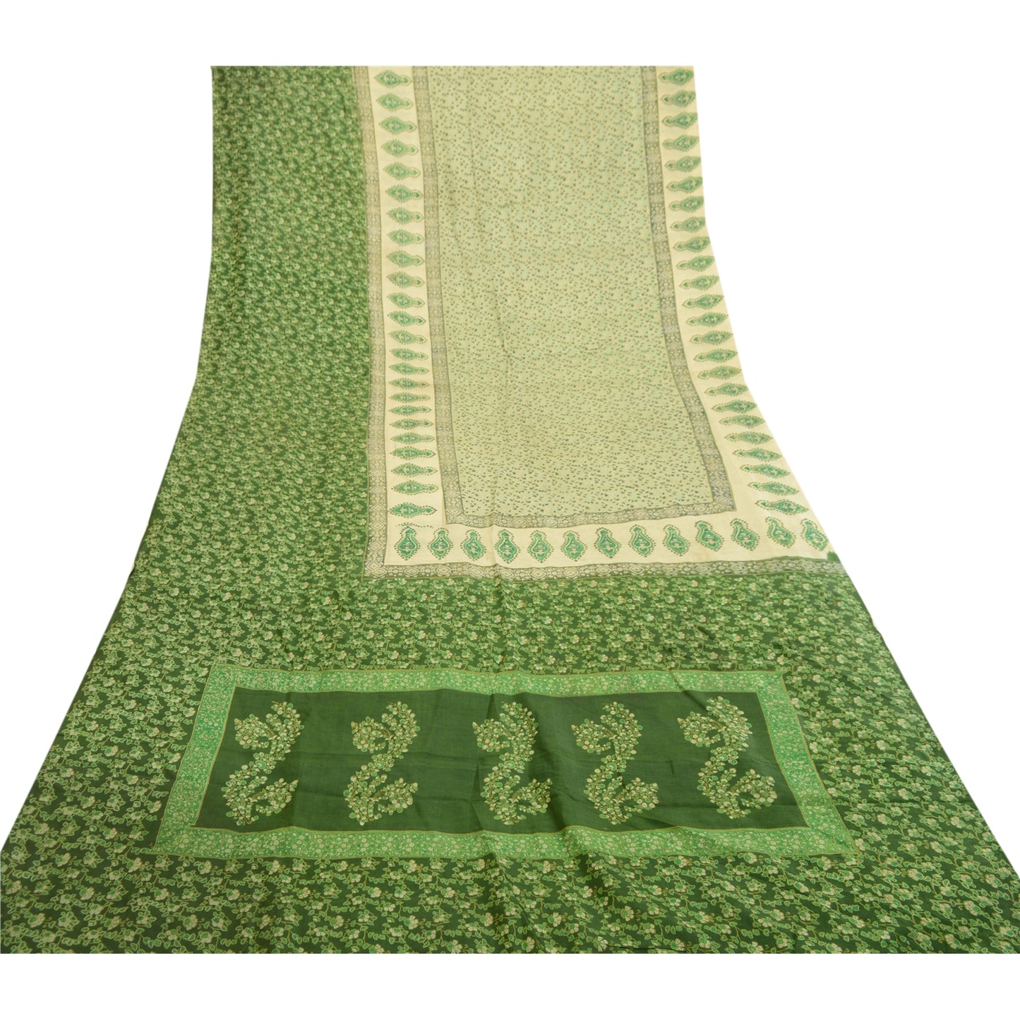 Sanskriti Vintage Sarees Green Indian Printed Pure Silk Sari 5yd Craft Sustainable Fabric