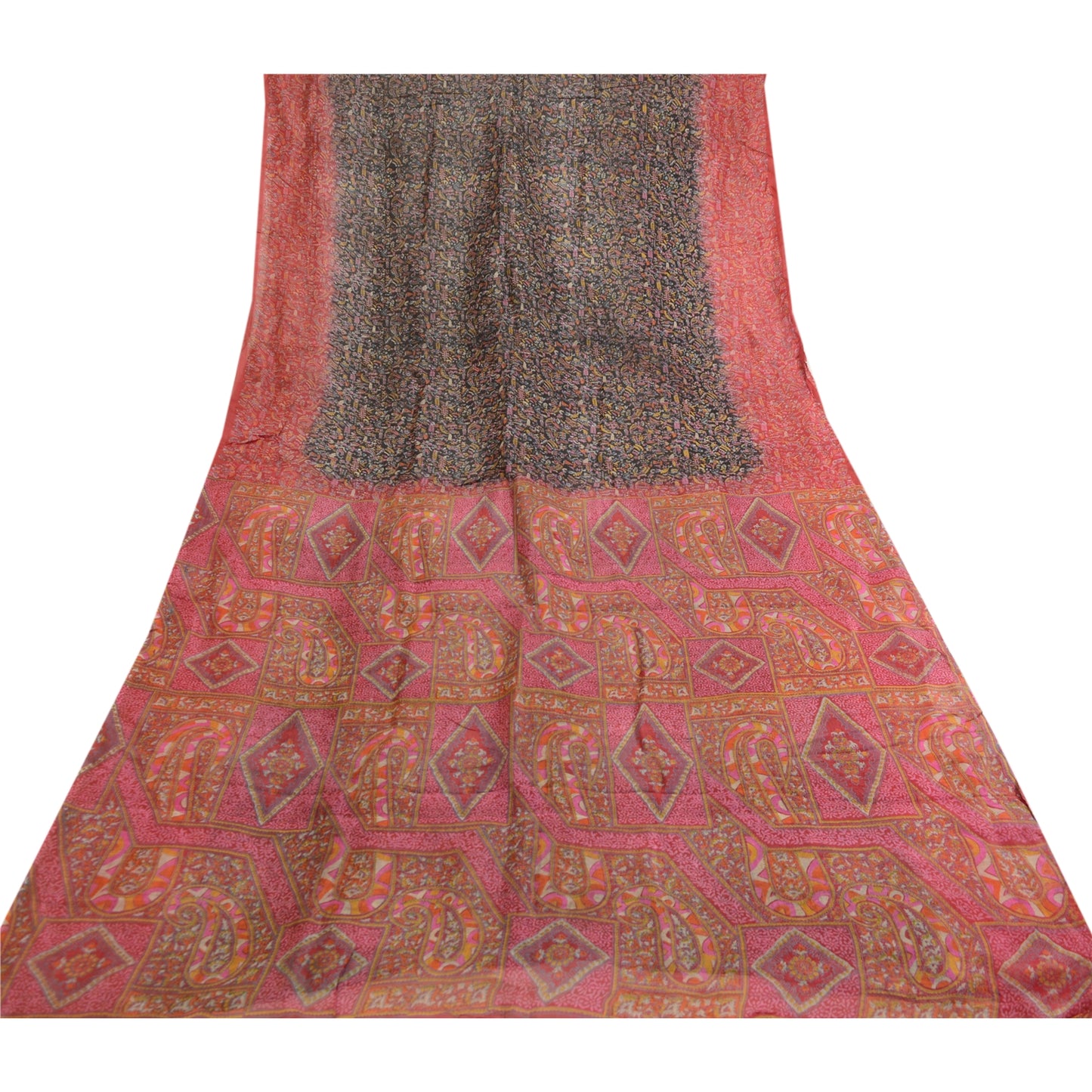 Санскритские винтажные сари, черное чистое шелковое сари с цветочным принтом, мягкая ткань для рукоделия, устойчивая ткань