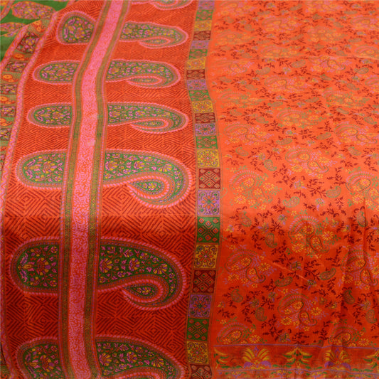 Sanskriti Vintage Sarees Indian Orange Pure Silk Printed Sari 5yd Craft Sustainable Fabric