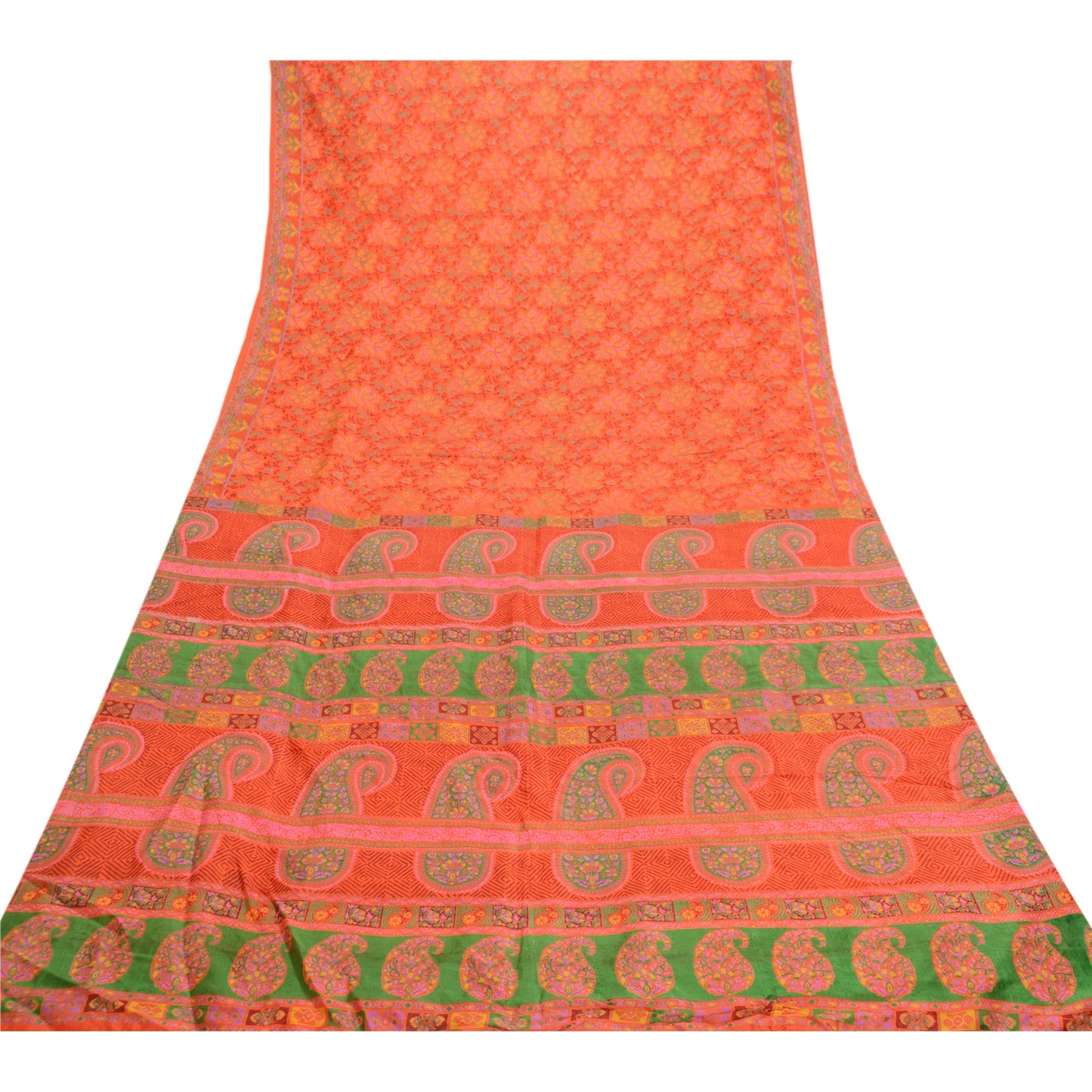 Sanskriti Vintage Sarees Indian Orange Pure Silk Printed Sari 5yd Craft Sustainable Fabric