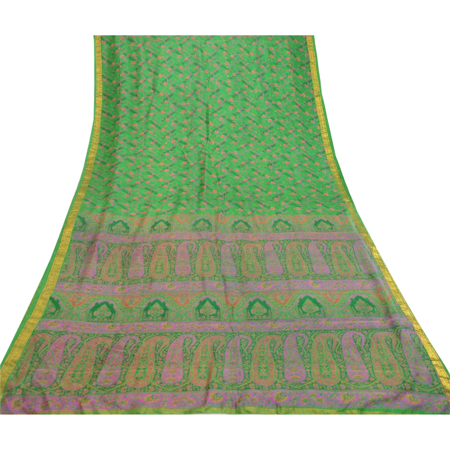 Sanskriti Vintage Sarees Green Pure Silk Printed Zari Border Sari Craft Sustainable Fabric