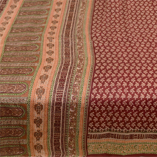 Sanskriti Vintage Sarees Indian Dark Red Pure Silk Printed Sari 5yd Craft Sustainable Fabric