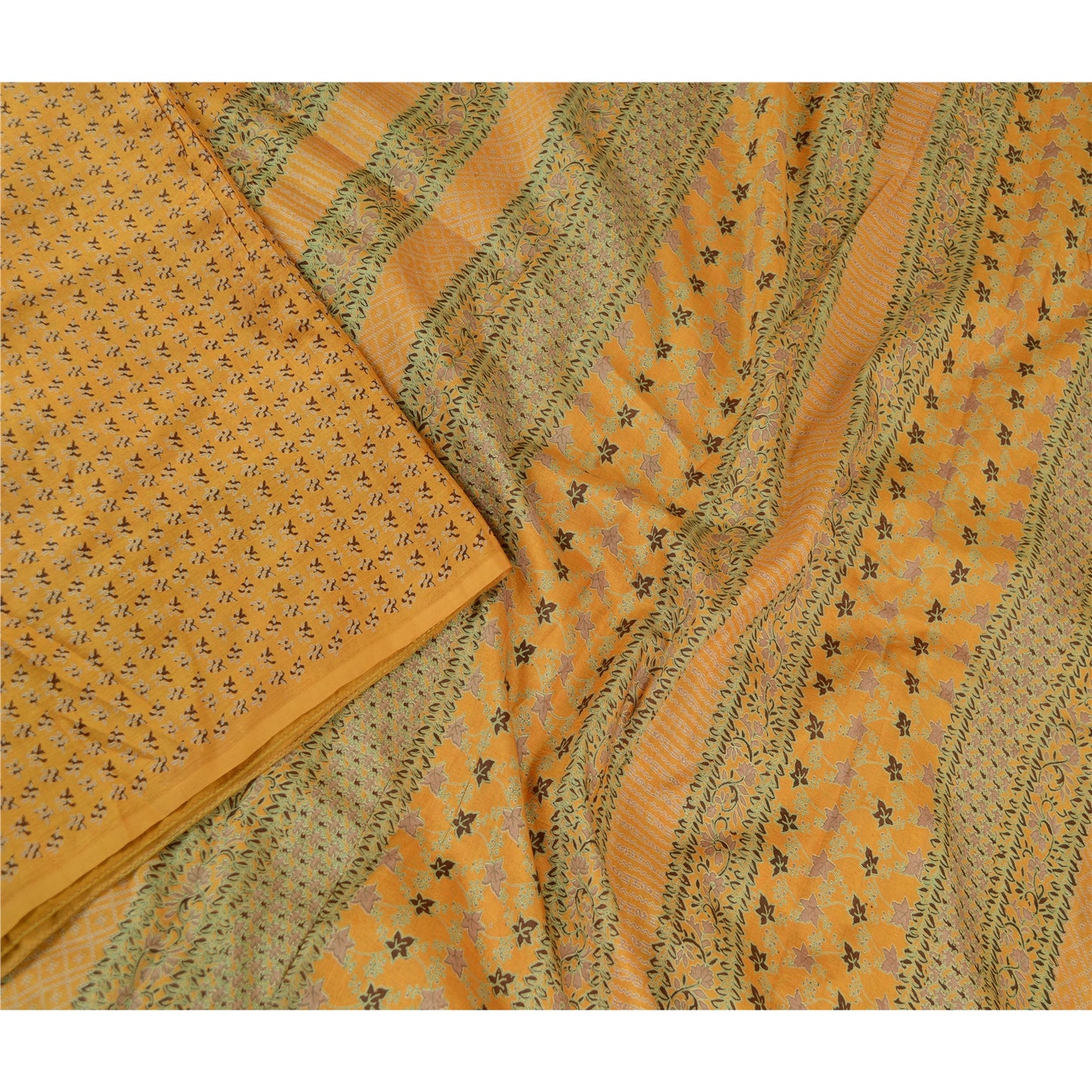 Sanskriti Vintage Sarees Mustard Pure Silk Printed Sari Floral Soft Craft Sustainable Fabric