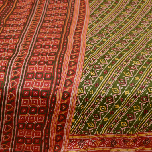 Sanskriti Vintage Sarees Grøn Bandhani Trykt Pure Silke Sari 5yd Craft Sustainable Stof