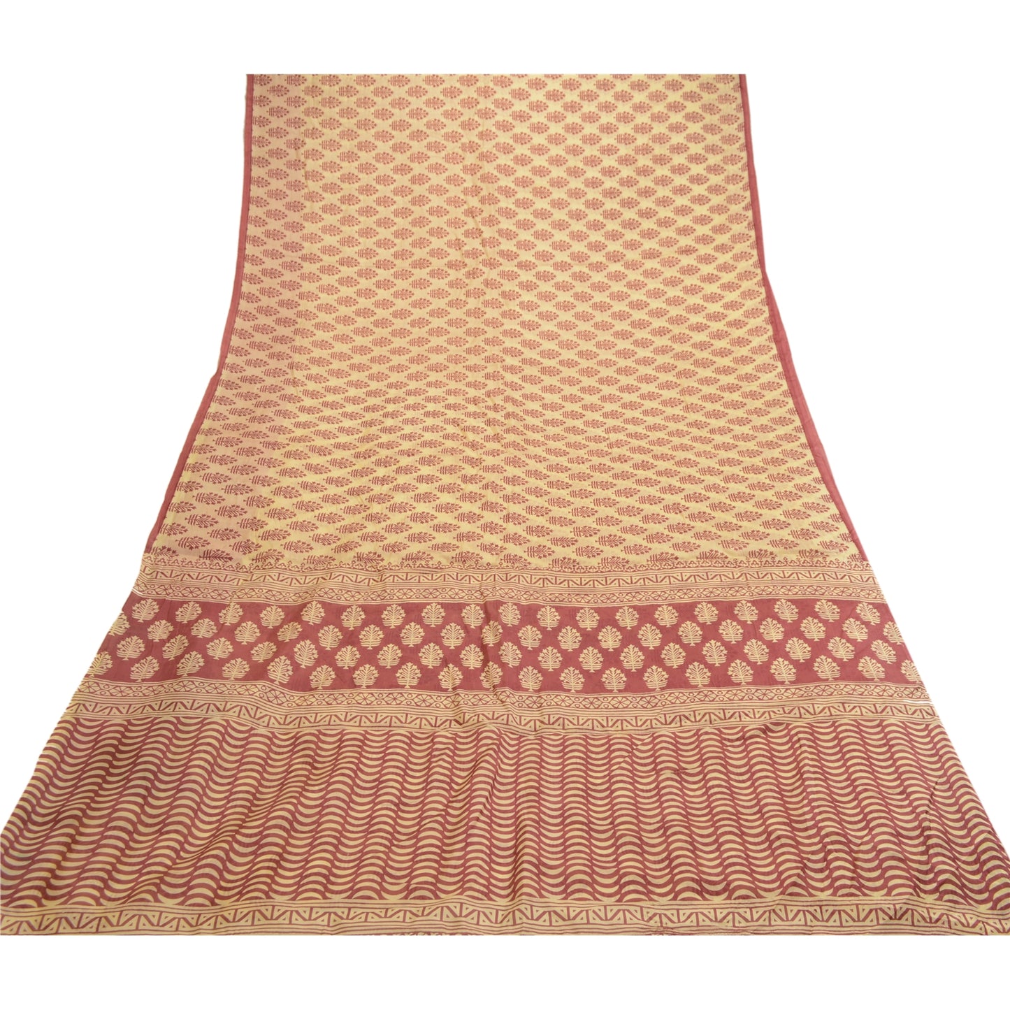 Sanskriti Vintage Sarees Block Printed Cream Pure Silk Sari Soft Craft Sustainable Fabric