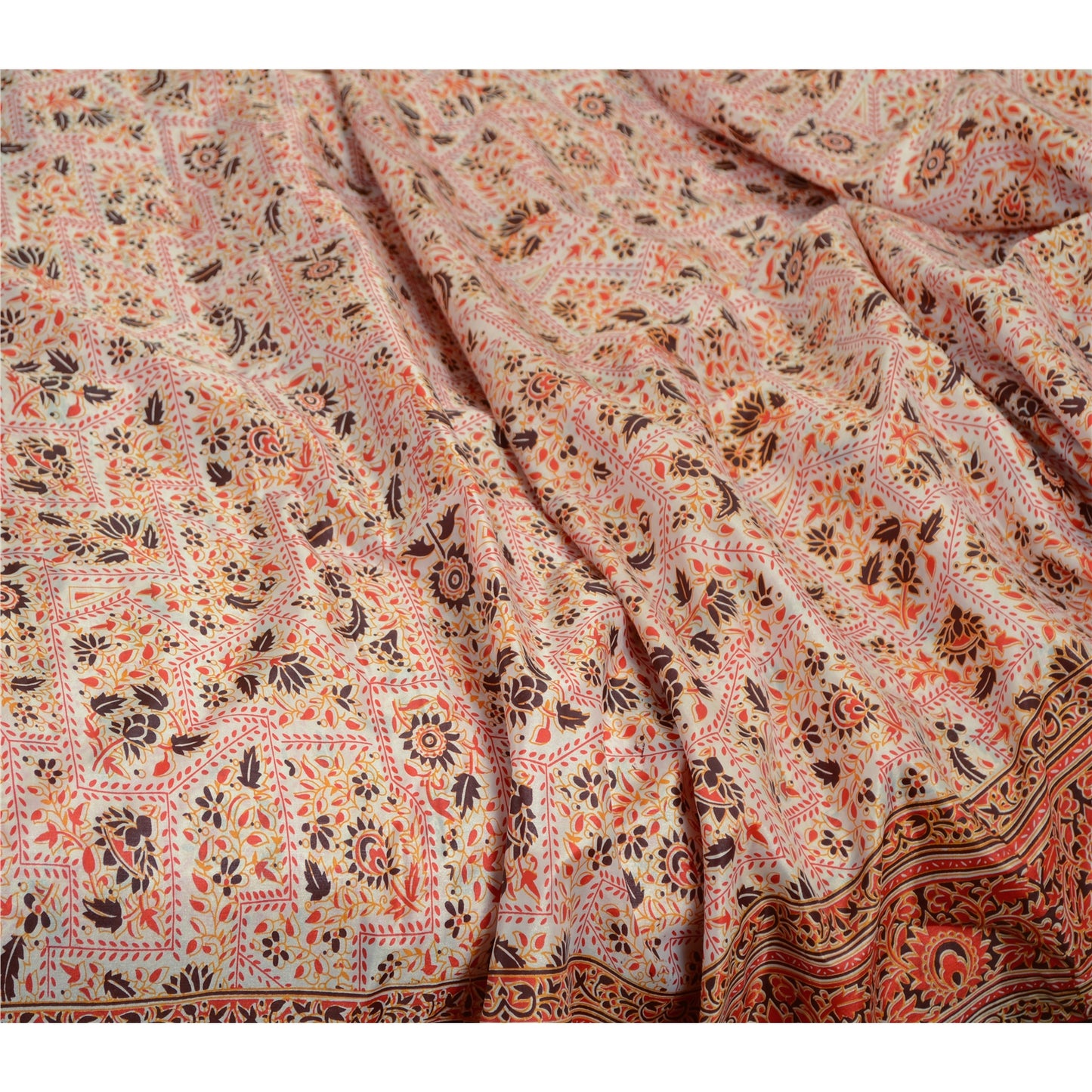 Sanskriti Vintage Sarees Red Art Silk Printed Sari Floral Soft 5yd Craft Sustainable Fabric