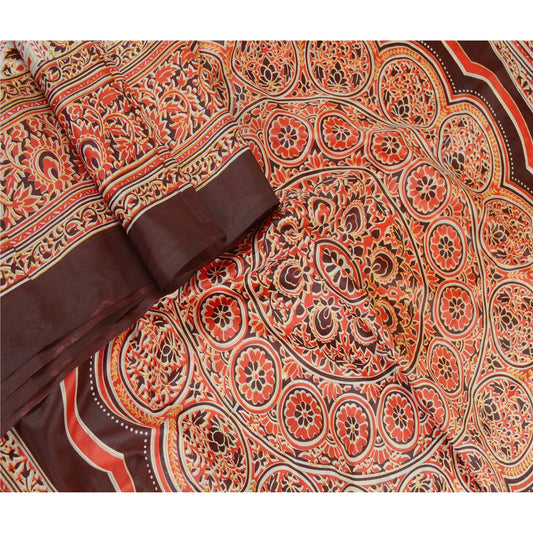 Sanskriti Vintage Sarees Red Art Silk Printed Sari Floral Soft 5yd Craft Sustainable Fabric