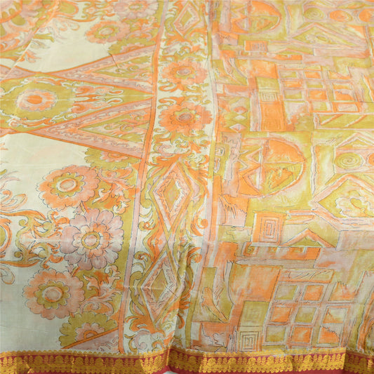Sanskriti Vintage Sarees Multi Pure Silk Printed Zari Border Sari Craft Sustainable Fabric