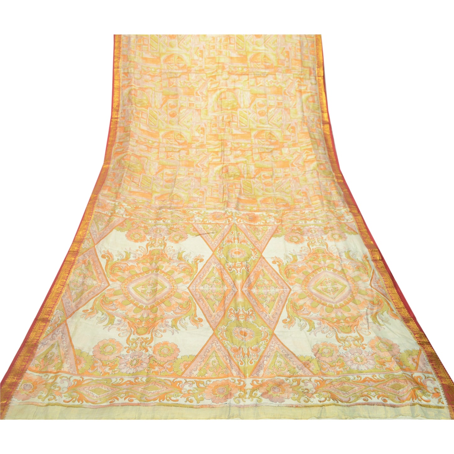 Sanskriti Vintage Sarees Multi Pure Silk Printed Zari Border Sari Craft Sustainable Fabric