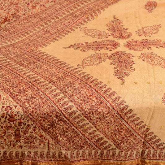 Sanskriti Vintage Sarees Beige Pure Silk Printed Zari Border Sari Craft Sustainable Fabric
