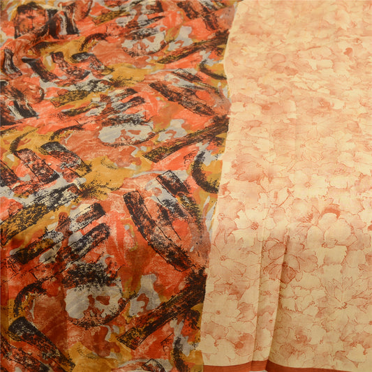 Sanskriti Vintage Sarees Beige From India Pure Silk Printed Sari Craft Sustainable Fabric