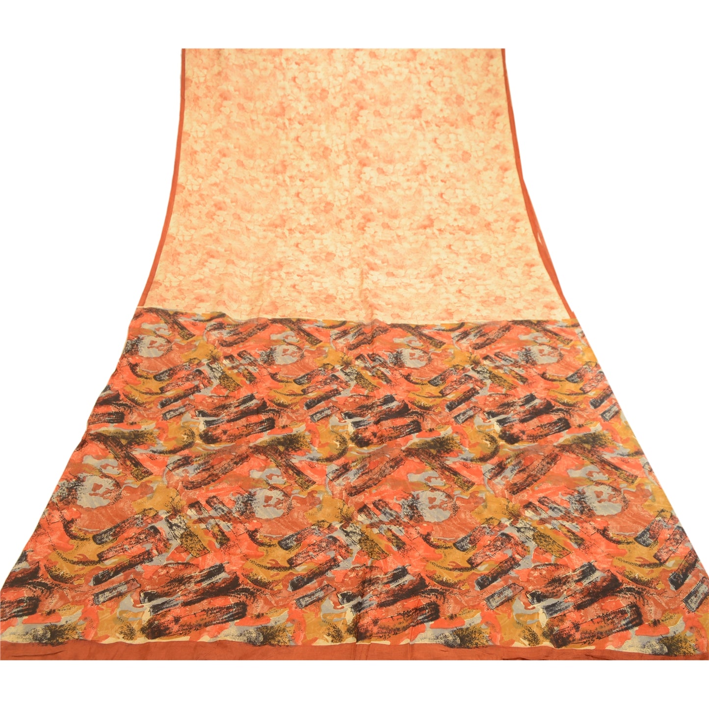 Sanskriti Vintage Sarees Beige From India Pure Silk Printed Sari Craft Sustainable Fabric