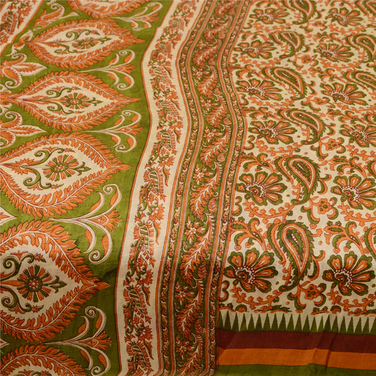 Sanskriti Vintage Sarees Orange Pure Silk Printed Sari Floral 5yd Craft Sustainable Fabric