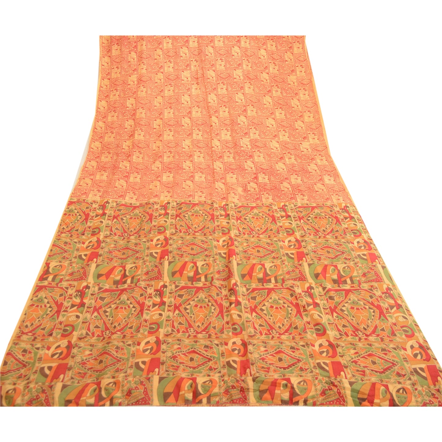 Sanskriti Vintage Sarees Yellow Women Fish Printed Pure Silk Sari Craft Sustainable Fabric