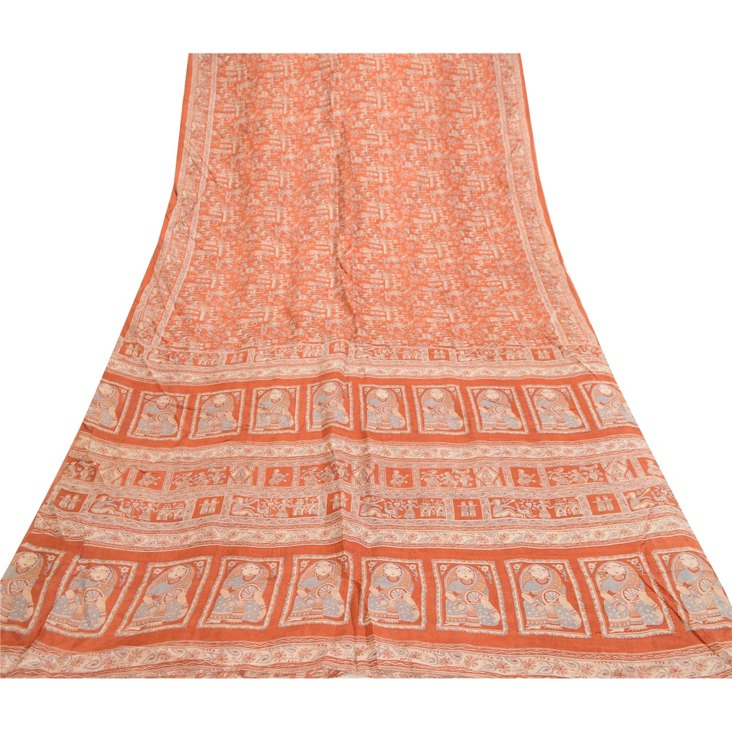 Sanskriti Vintage Sarees Orange Human Animal Printed Pure Silk Sari Craft Sustainable Fabric