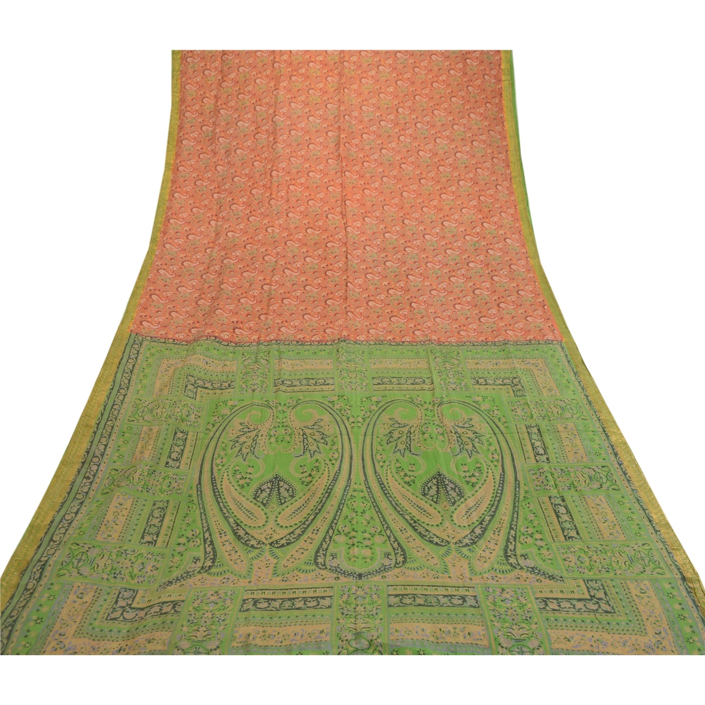 Sanskriti Vintage Sarees Orange Pure Silk Printed Zari Border Sari Craft Sustainable Fabric