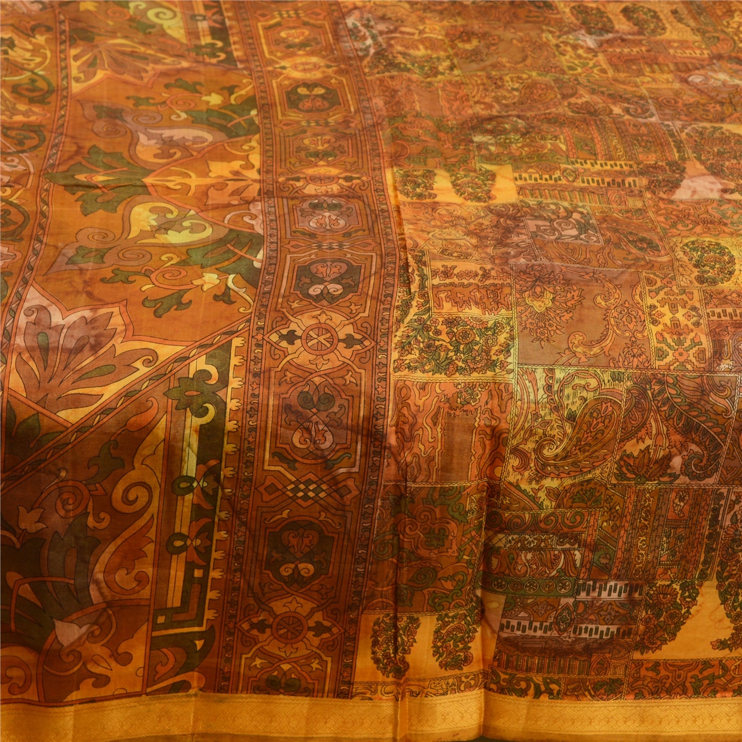 Sanskriti Vintage Sarees Saffron Pure Silk Printed Floral Sari Soft Craft Sustainable Fabric