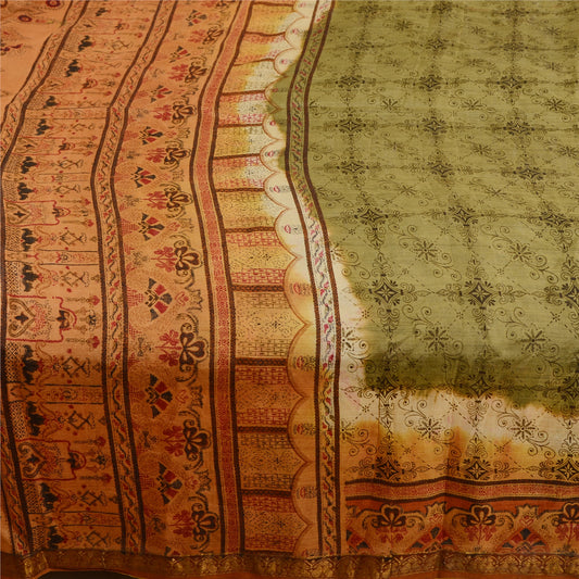 Sanskriti Vintage Sarees From India Green Printed Pure Silk Sari Craft Sustainable Fabric