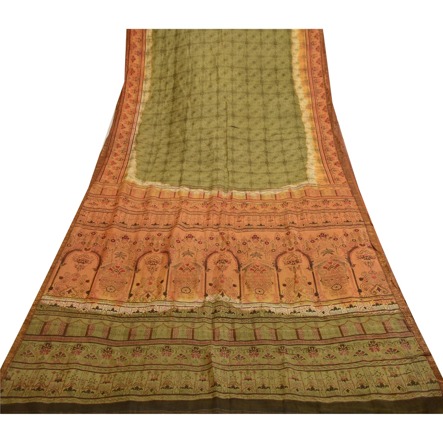 Sanskriti Vintage Sarees From India Green Printed Pure Silk Sari Craft Sustainable Fabric