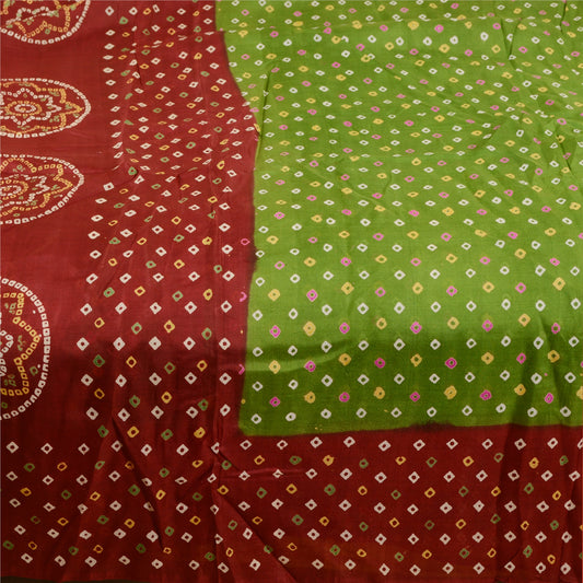 Sanskriti Vintage Sarees Green Bandhani Printed Pure Silk Sari Soft Craft Sustainable Fabric