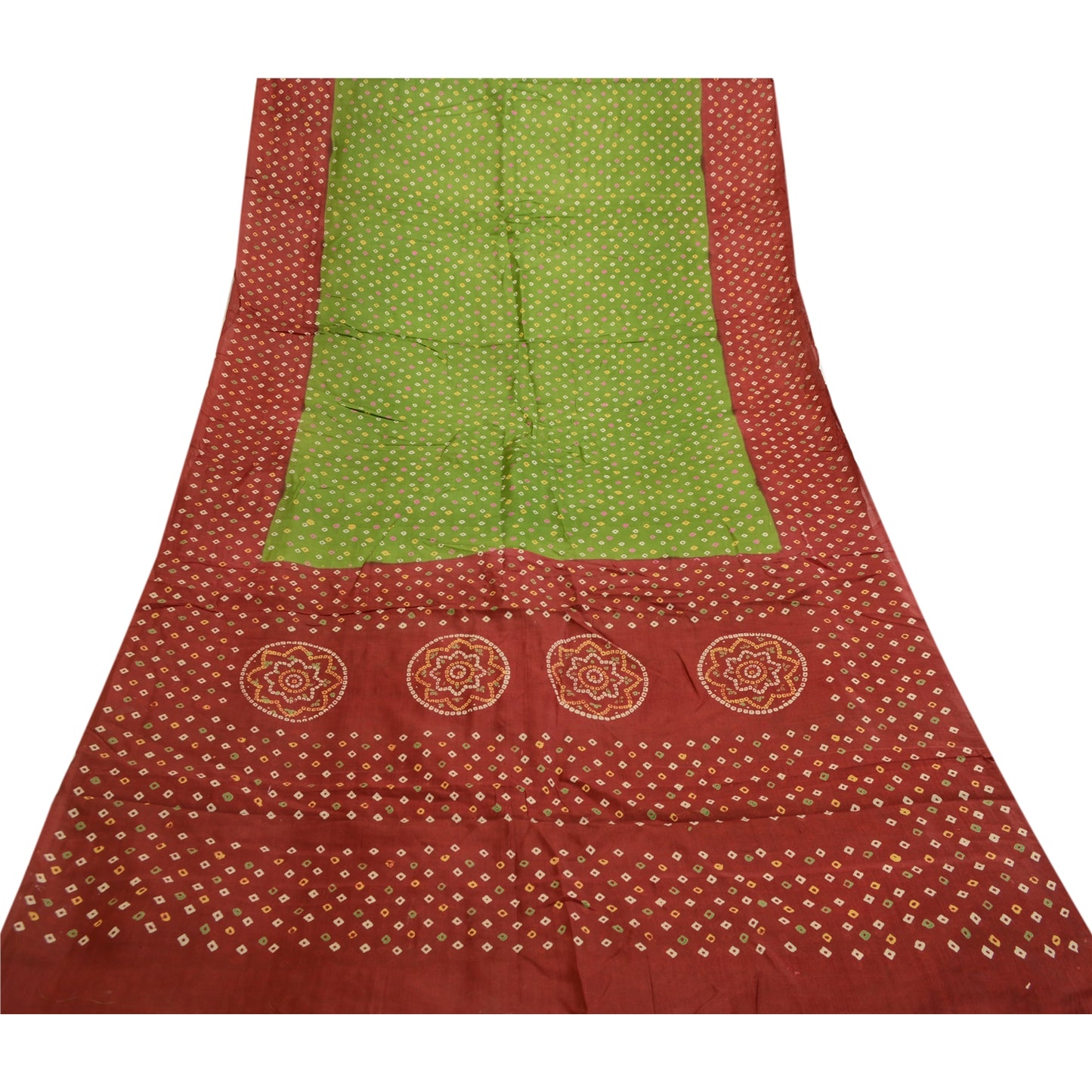 Sanskriti Vintage Sarees Green Bandhani Printed Pure Silk Sari Soft Craft Sustainable Fabric