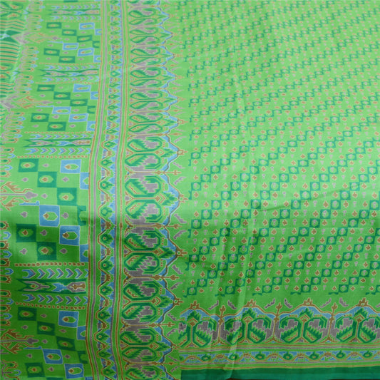 Sanskriti Vintage Sarees Green Pure Silk Printed Sari 5yd Floral Craft Sustainable Fabric