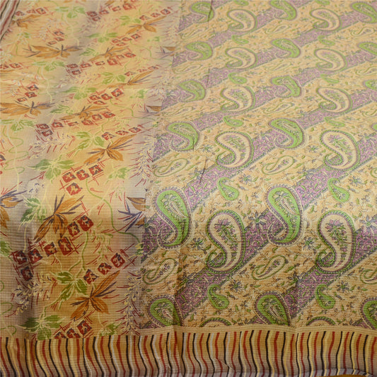 Sanskriti Vintage Sarees Cream 100% Pure Silk Printed Sari Floral Craft Sustainable Fabric