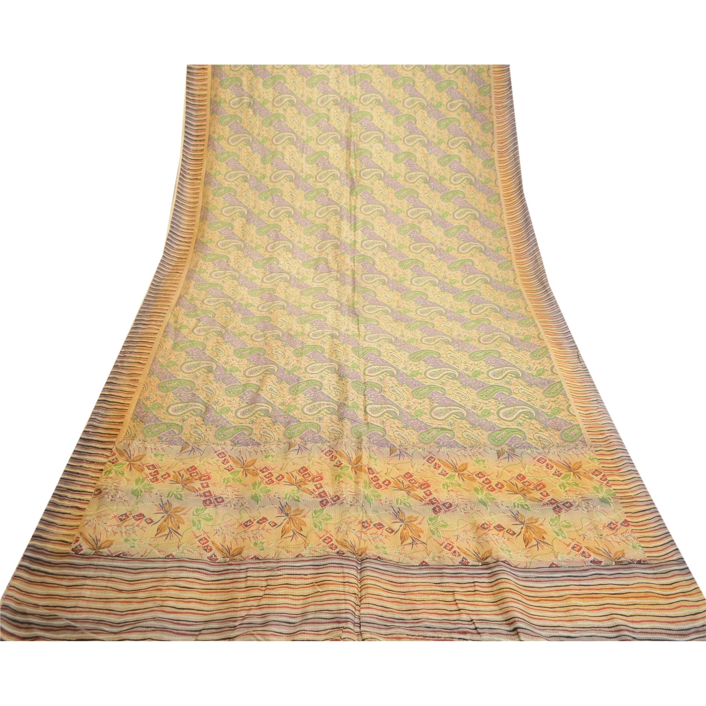 Санскрити Винтаж Сари Крем 100% Чистый Шелк Напечатанный Сари Цветочный Ремесло Экологичная Ткань