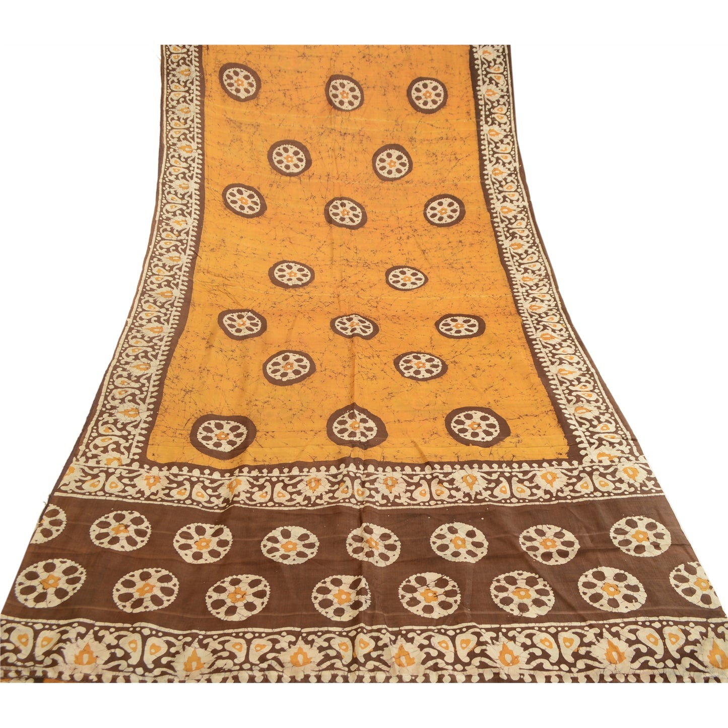 Sanskriti Vintage Sarees Saffron Batik Printed Pure Silk Sari Soft Craft Sustainable Fabric
