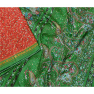 Sanskriti Vintage Sarees Red-Green Print Pure Silk Zari Border Sari Craft Fabric