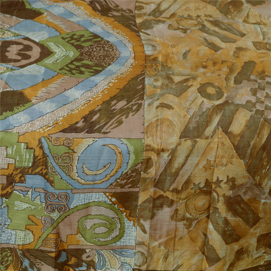 Sanskriti Vintage Sarees Green Printed 100% Pure Silk Sari 5yd Soft Craft Sustainable Fabric