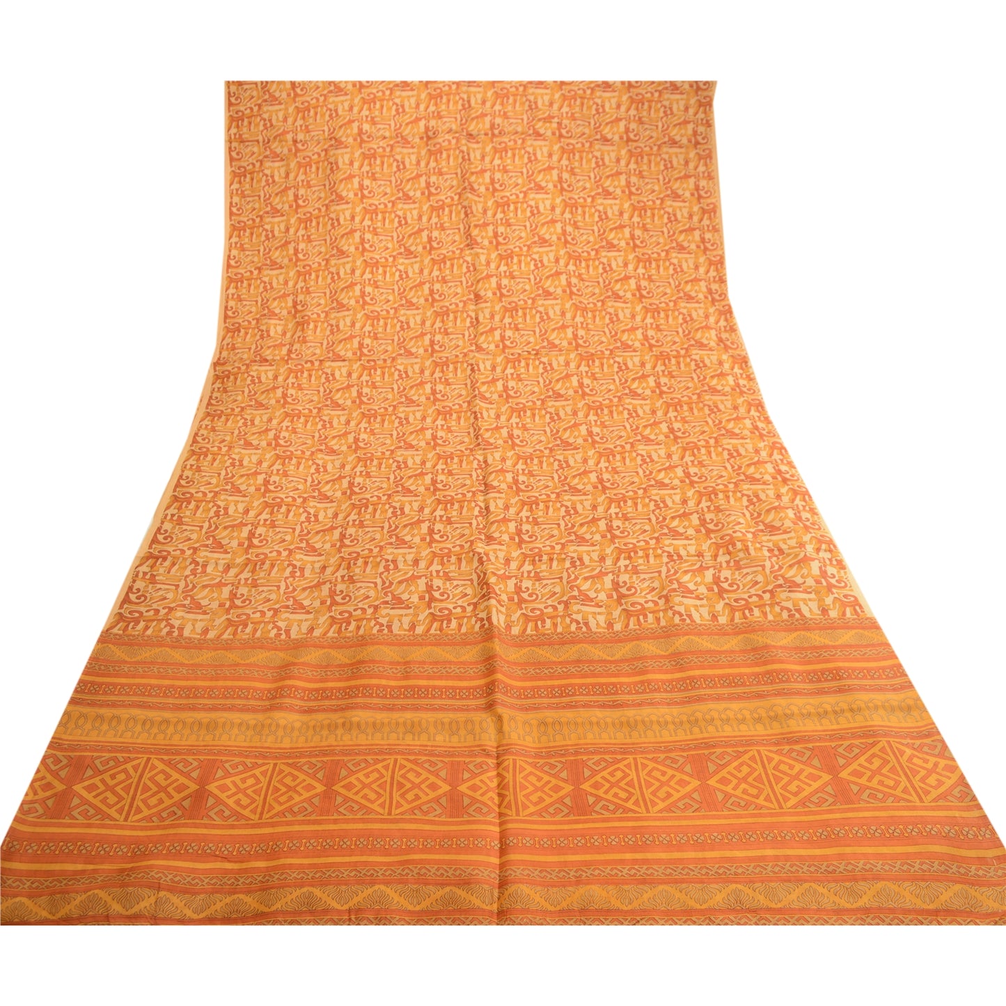 Sanskriti Vintage Sarees Indian Orange Pure Silk Printed Sari Soft Craft Sustainable Fabric