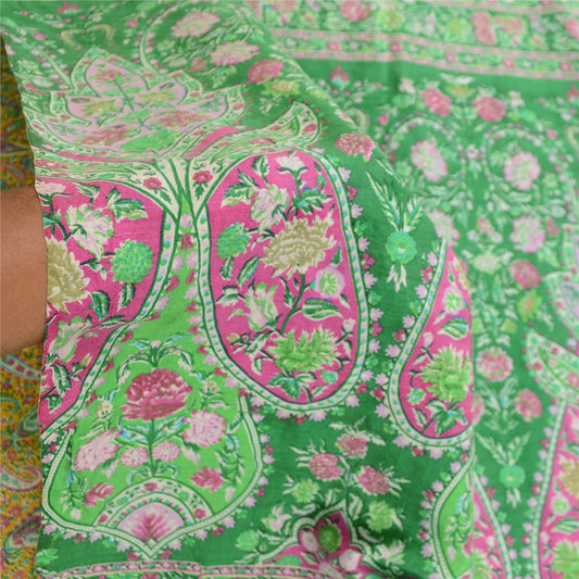 Sanskriti Vintage Sarees Indian Yellow Pure Silk Printed Sari Soft Craft Sustainable Fabric