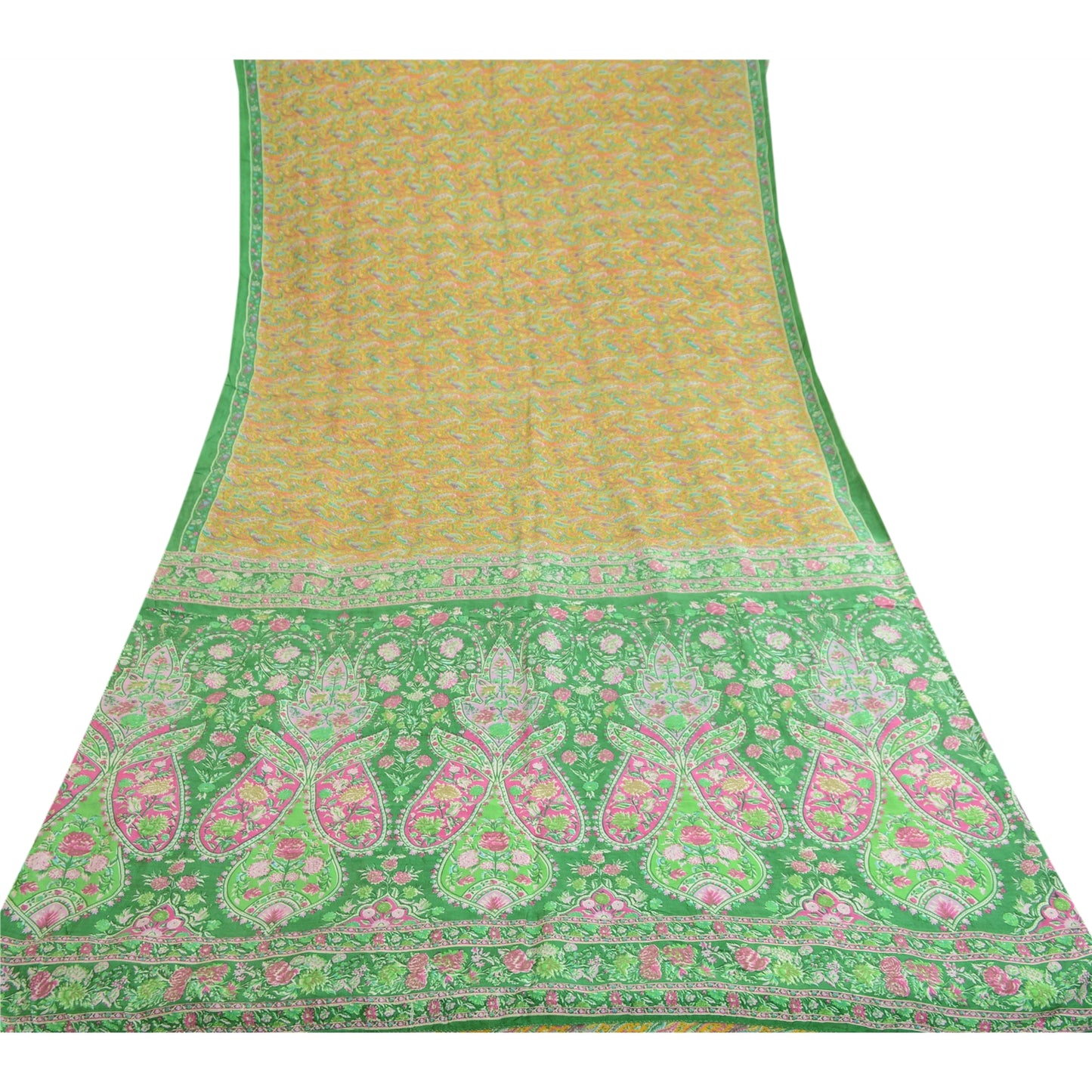 Sanskriti Vintage Sarees Indian Yellow Pure Silk Printed Sari Soft Craft Sustainable Fabric