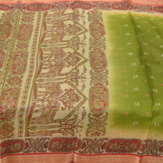 Sanskriti Vintage Sarees Green Animal Printed Pure Silk Sari Decor Craft Sustainable Fabric