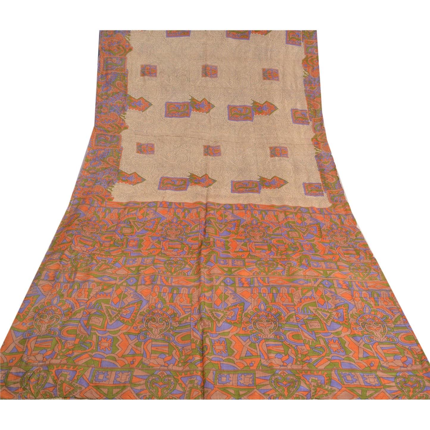 Sanskriti Vintage Sarees Indian Cream Printed Pure Silk Sari Soft Craft Sustainable Fabric