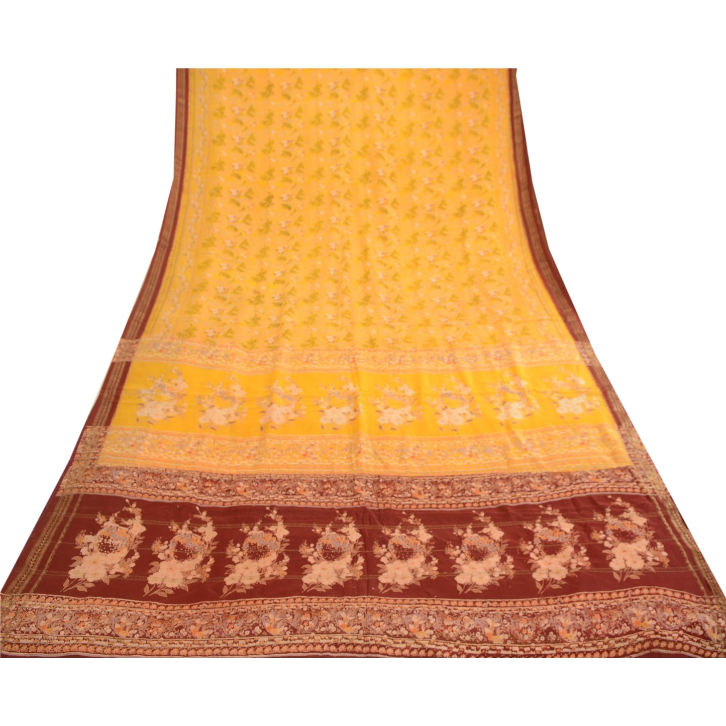 Sanskriti Vintage Sarees Canary Yellow Printed Pure Silk Zari Border Sari Sustainable Fabric