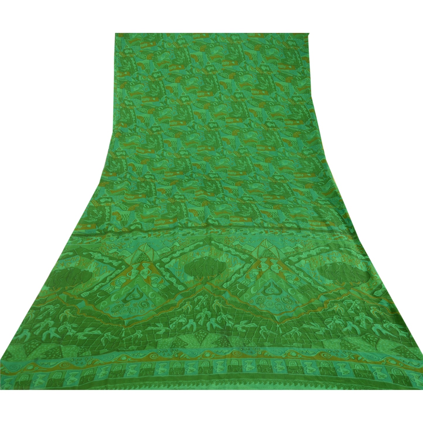 Sanskriti Vintage Sarees Indian Green Art Silk Printed Sari Floral Craft Sustainable Fabric