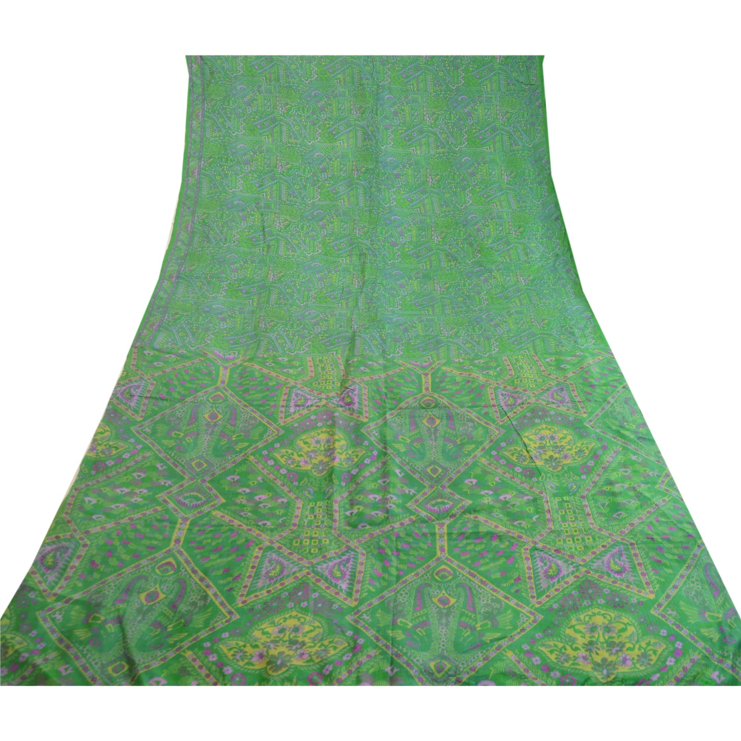 Sanskriti Vintage Sarees From India Green Pure Silk Printed Sari Craft Sustainable Fabric