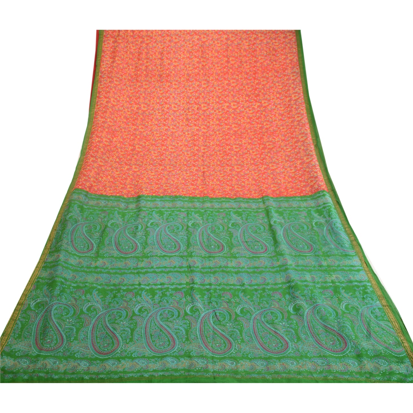 Sanskriti Vintage Sarees Red Pure Silk Printed Zari Border Sari 5yd Craft Sustainable Fabric