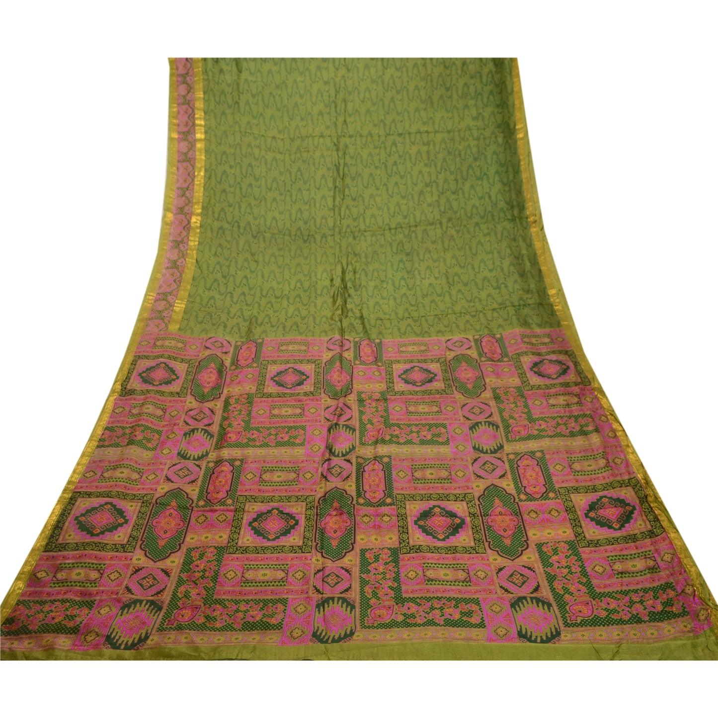 Sanskriti Vintage Sarees Green Pure Silk Printed Sari Zari Border Craft Sustainable Fabric
