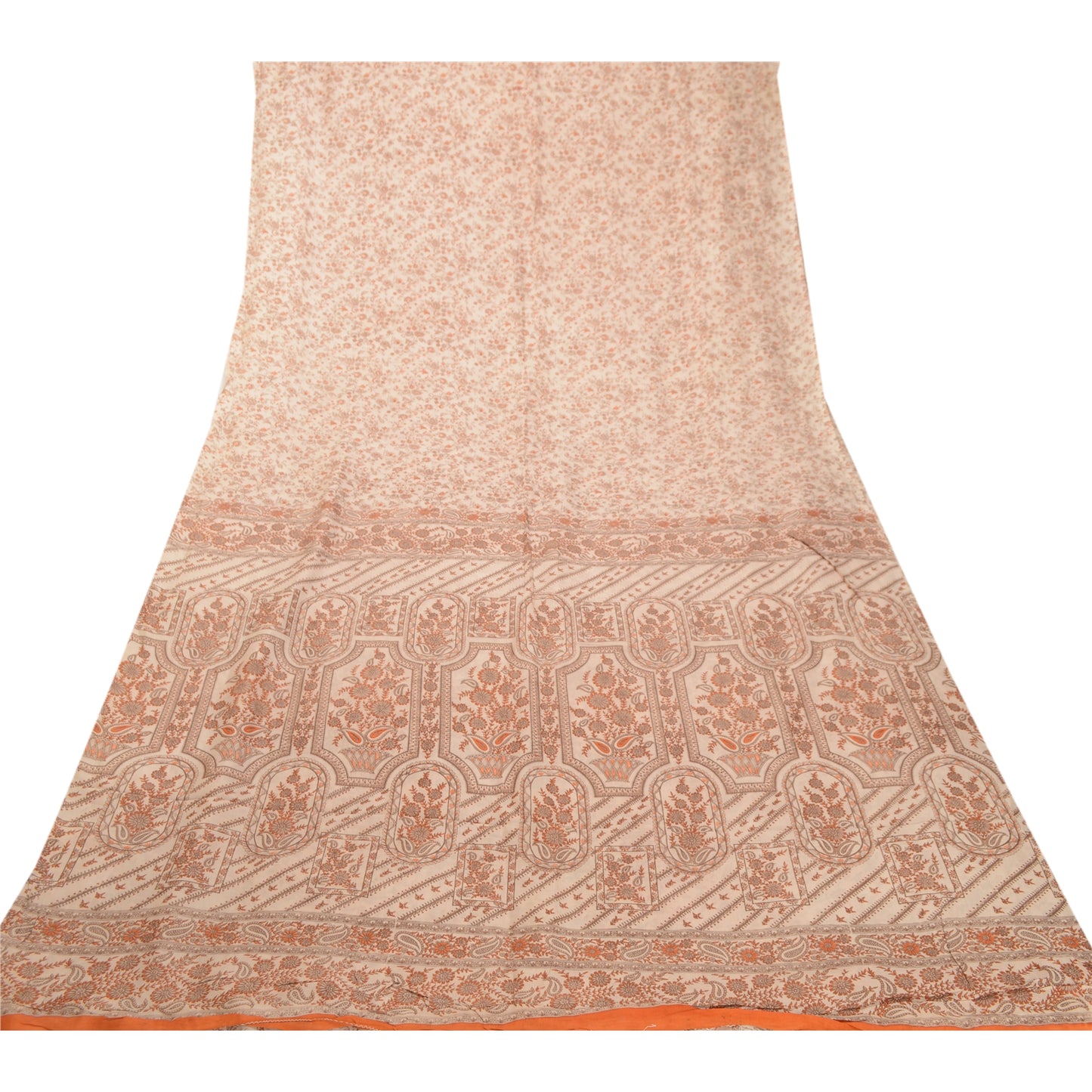 Sanskriti Vintage Sarees Ivory 100% Pure Silk Printed Sari Floral Craft Sustainable Fabric