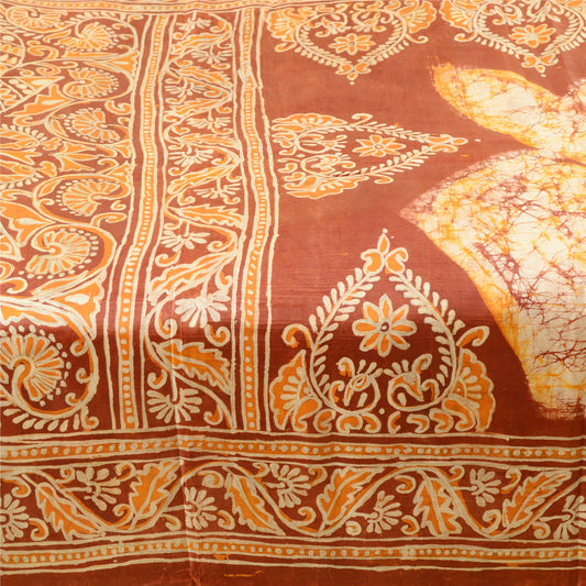 Sanskriti Vintage Sarees Brown Batik Peacock Printed Pure Silk Sari Craft Sustainable Fabric