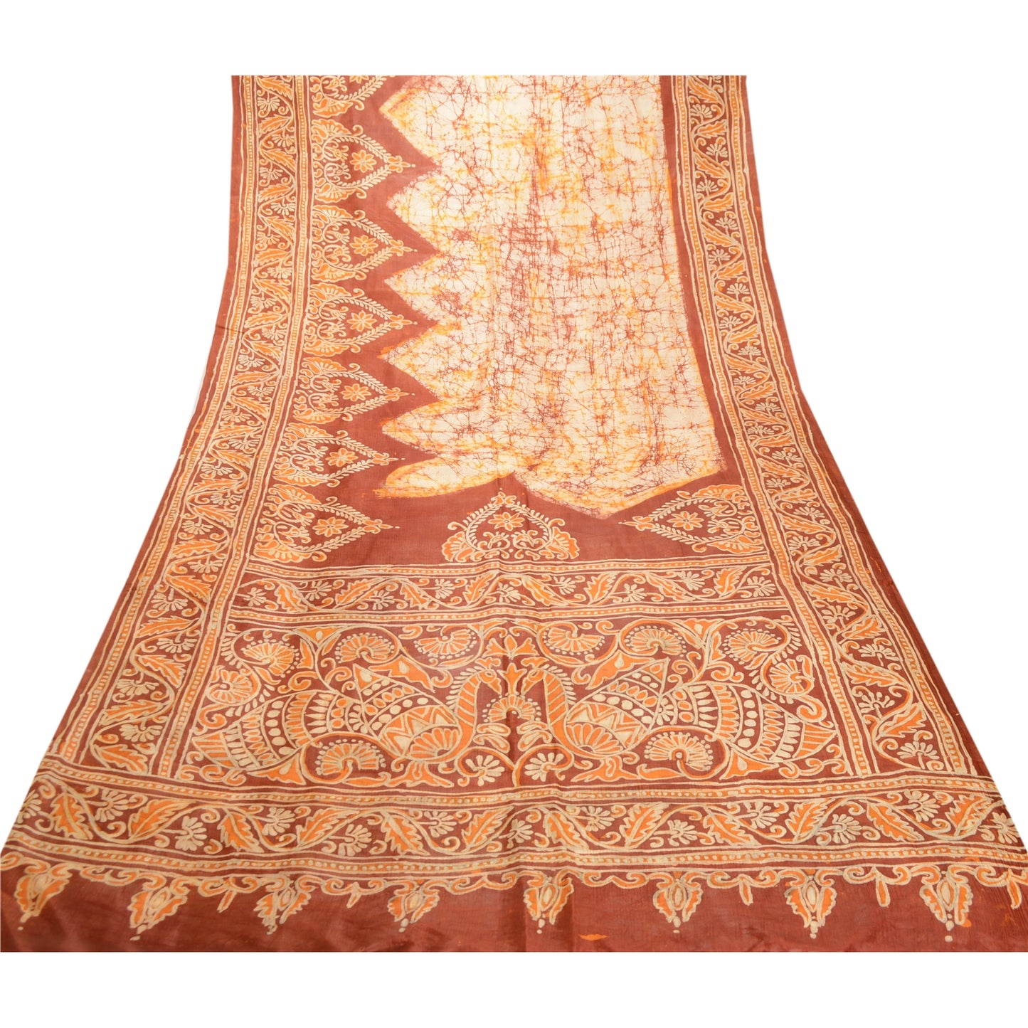 Sanskriti Vintage Sarees Brown Batik Peacock Printed Pure Silk Sari Craft Sustainable Fabric
