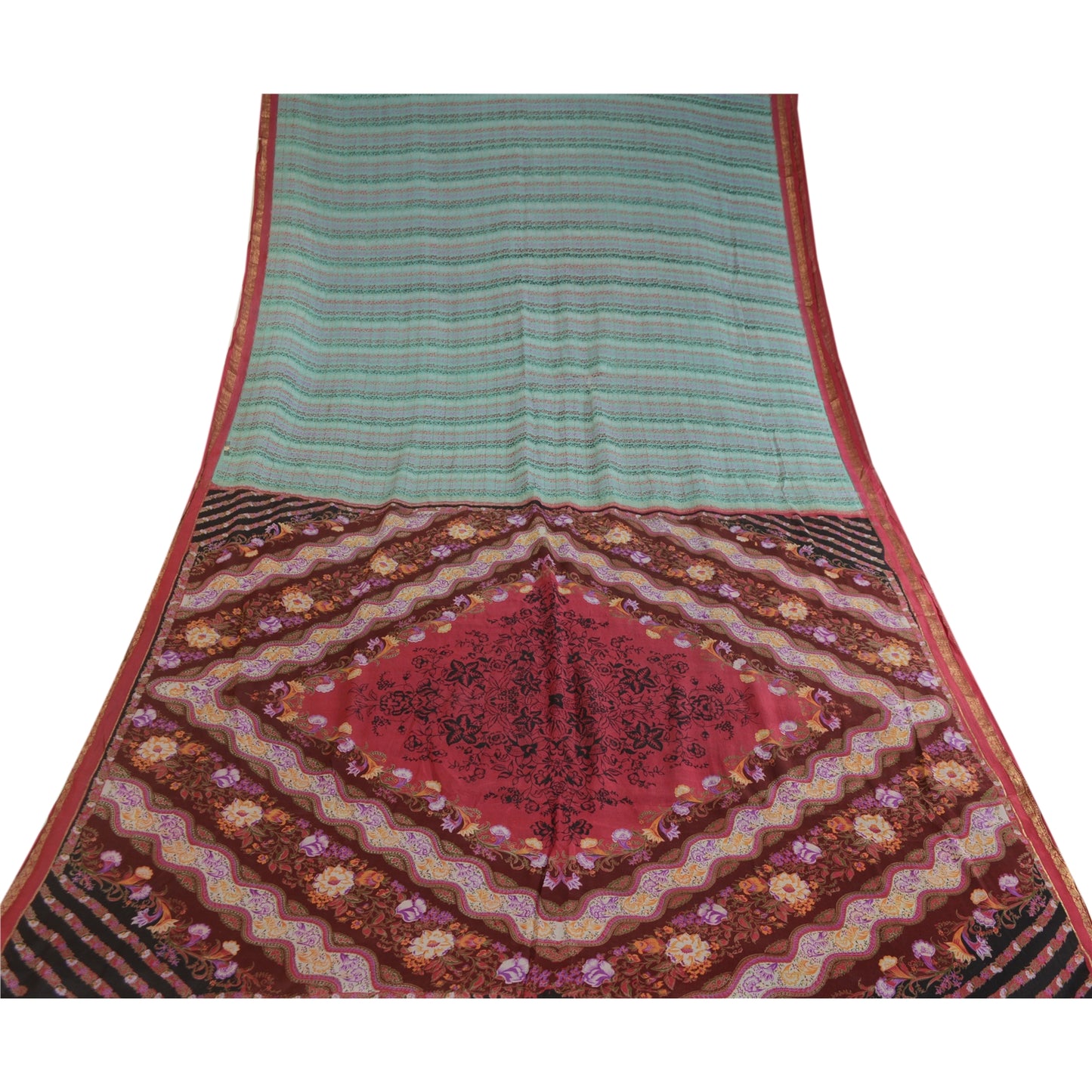 Sanskriti Vintage Sarees Sea-Green Pure Silk Print Zari Border Sari Craft Sustainable Fabric