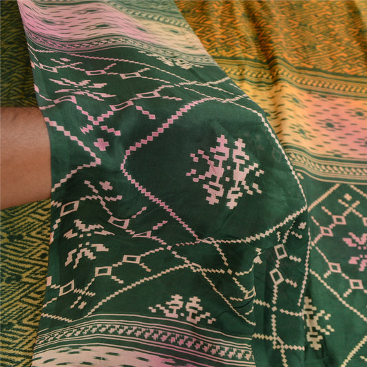 Sanskriti Vintage Sarees Yellow Ikat Printed Pure Silk Sari Soft Craft Sustainable Fabric