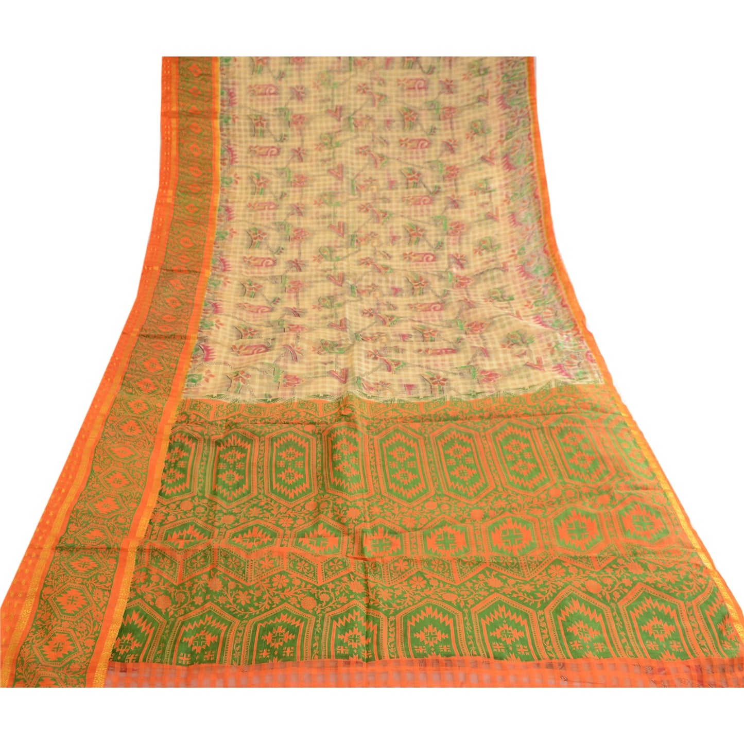 Sanskriti Vintage Sarees Cream Pure Silk Printed Woven Zari Border Sari Sustainable Fabric